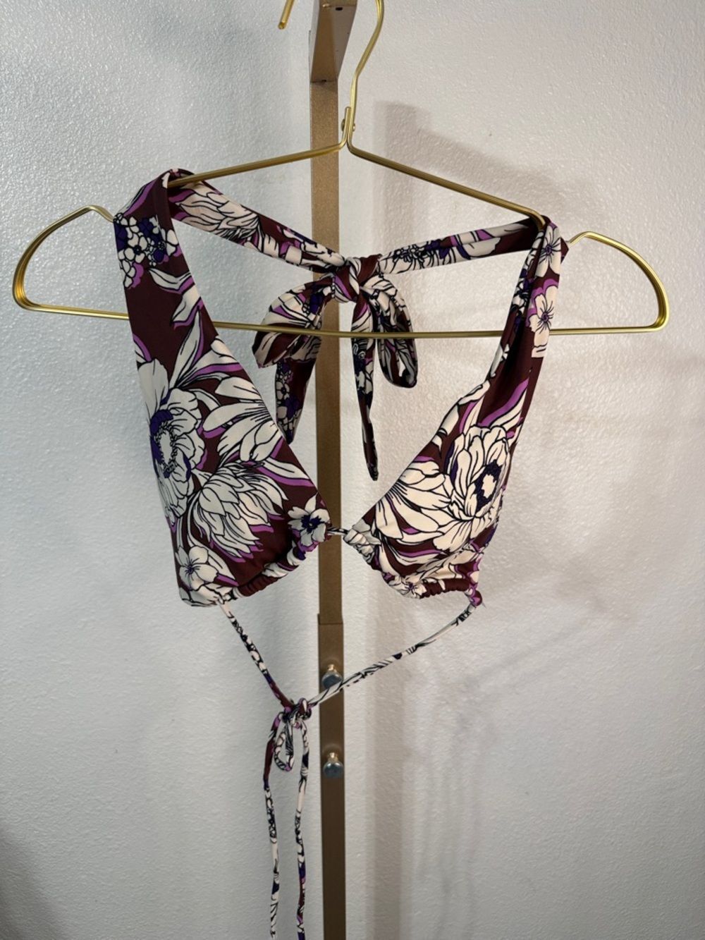 Floral Tie-Back Bikini Top in Plum and Cream- Small